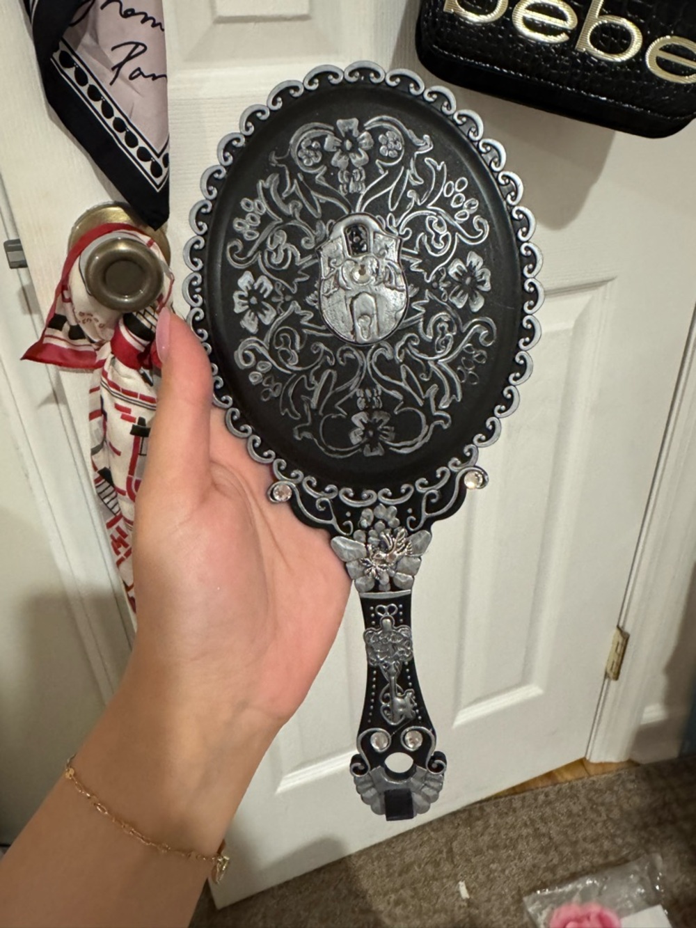 Handmade Gothic black and silver embellished hand Mirror